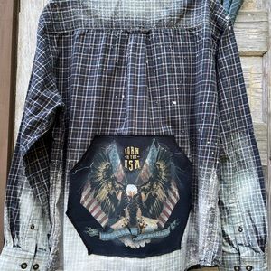 Upcycled Flannel Shirt with Born in the USA graphic.